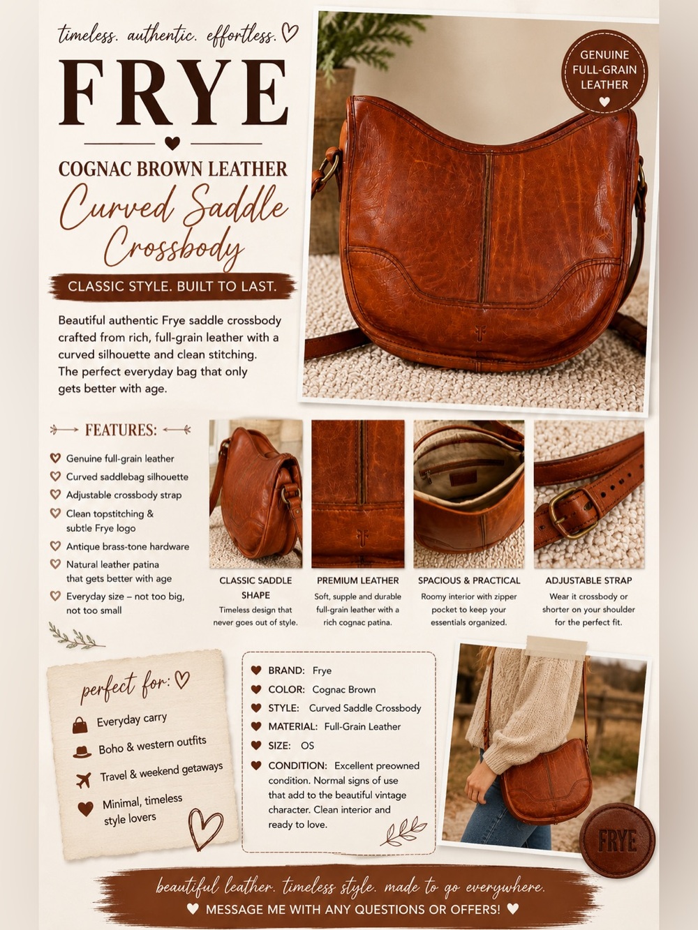 Frye Cognac Brown Leather Curved Saddle Crossbody